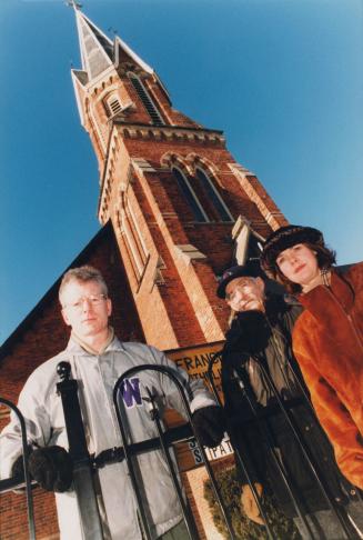 David Condon, Raymond Hickey, and Norah Morrison of Friends for St. Francis in front of 127-year-old Ajax church. Ajax, Ontario