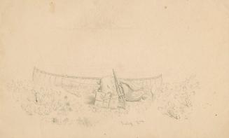 Beached canoe on Rivière Nipissis, Labrador Peninsula expedition, 1861