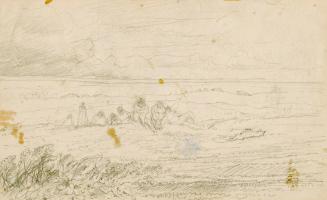 Image is very faded. Shows approximately 8 seated figures in a flat landscape. Small bushes in  ...