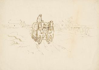 Two draft horses pulling a heavily-loaded sleigh, with a man perched atop the load.