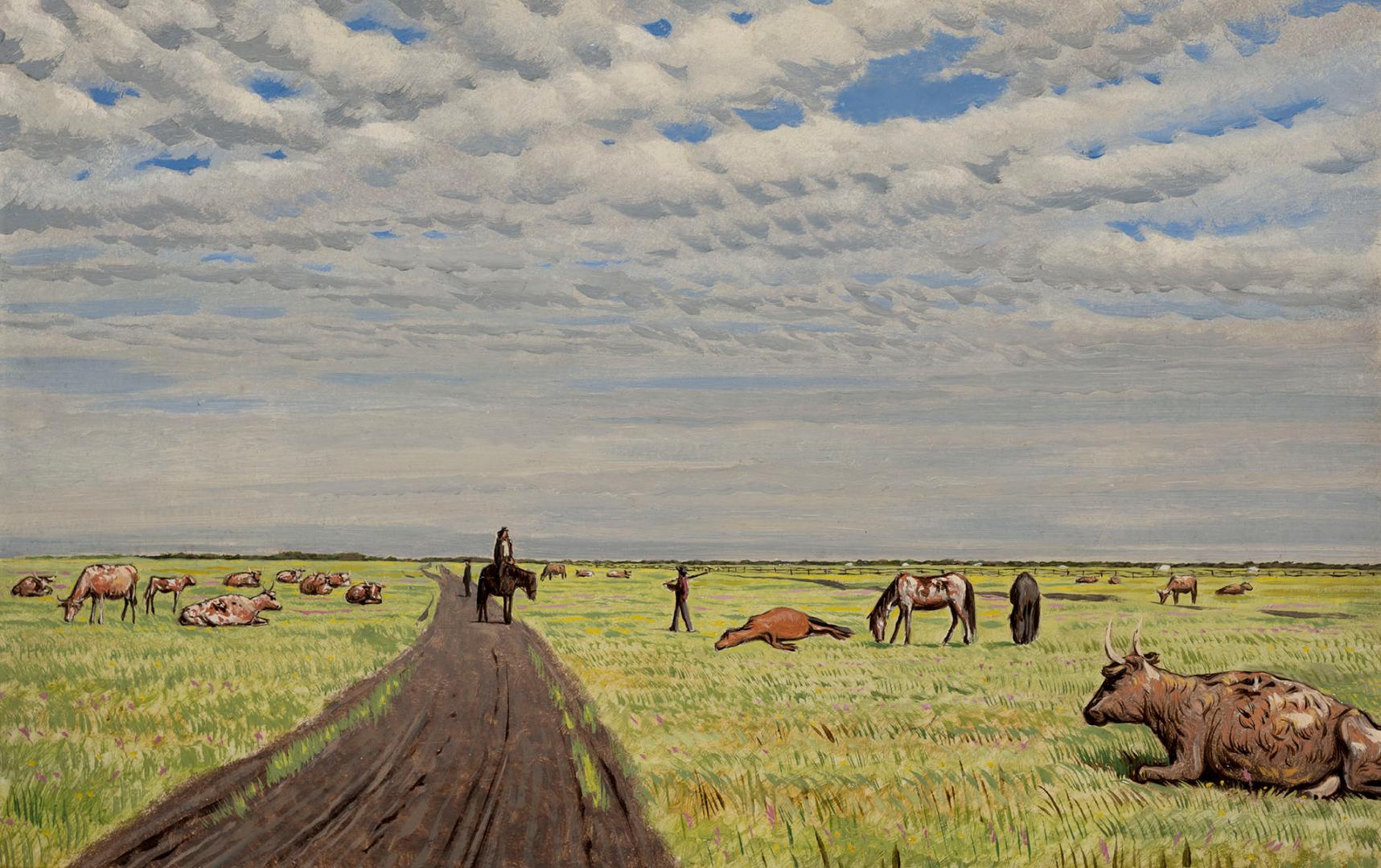 Painting of a Prairie scene. A black-dirt road, surrounded by grass and cattle. One figure on h…