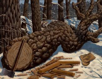 Colour painting of a felled coniferous tree. An axe leans on the cut end. Several pieces of tri ...