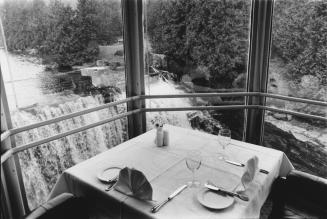 Dining at Millcroft Inn with view of waterfall, Alton, Ontario