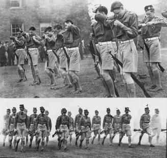 Members of the cadet corps at St. Andrew's College wore gas masks and marched through clouds of make-believe poison gas for their annual inspection in May 1942, Aurora, Ontario