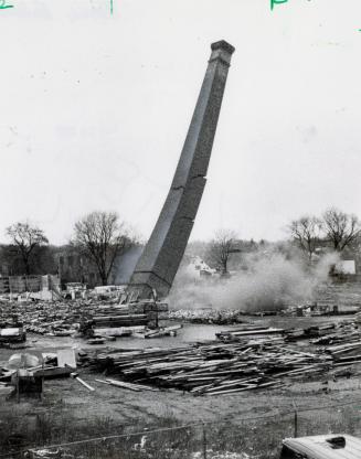 Chimney of Barrie Tannery was dynamited, Barrie, Ontario