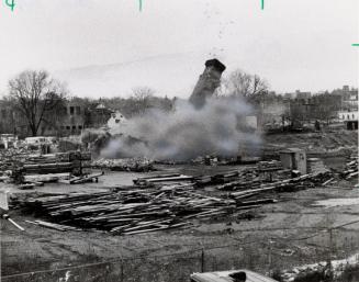 Chimney of Barrie Tannery was dynamited, Barrie, Ontario