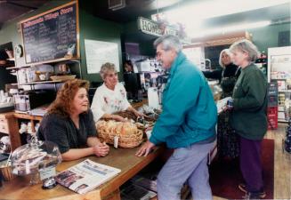 Karen Wrycraft (left), Donna Clarke, Alex Yankovich, Heini Boraks (far right), and Judy Charbonneau in Belfountain Village Store. Belfountain, Ontario