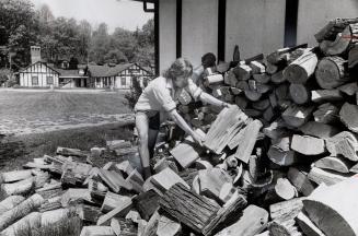 Wayne Zelmer stacks wood for campfires at Bolton Camp, Ontario