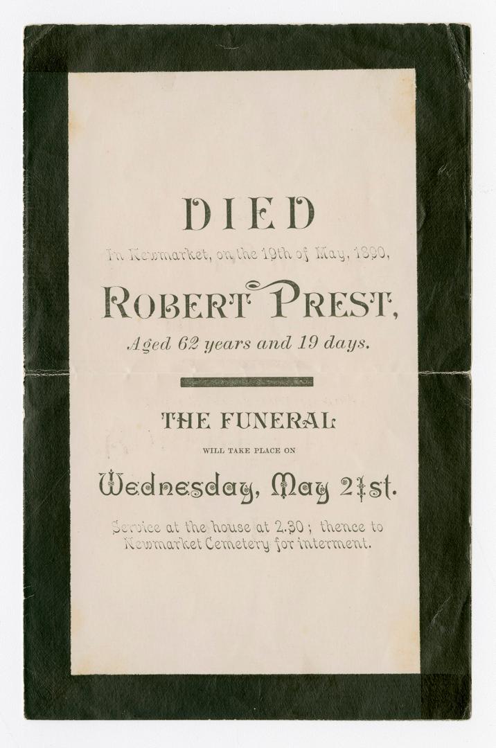 Death announcement for Robert Prest