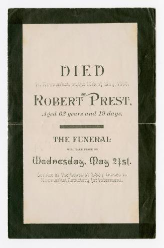 Death announcement for Robert Prest