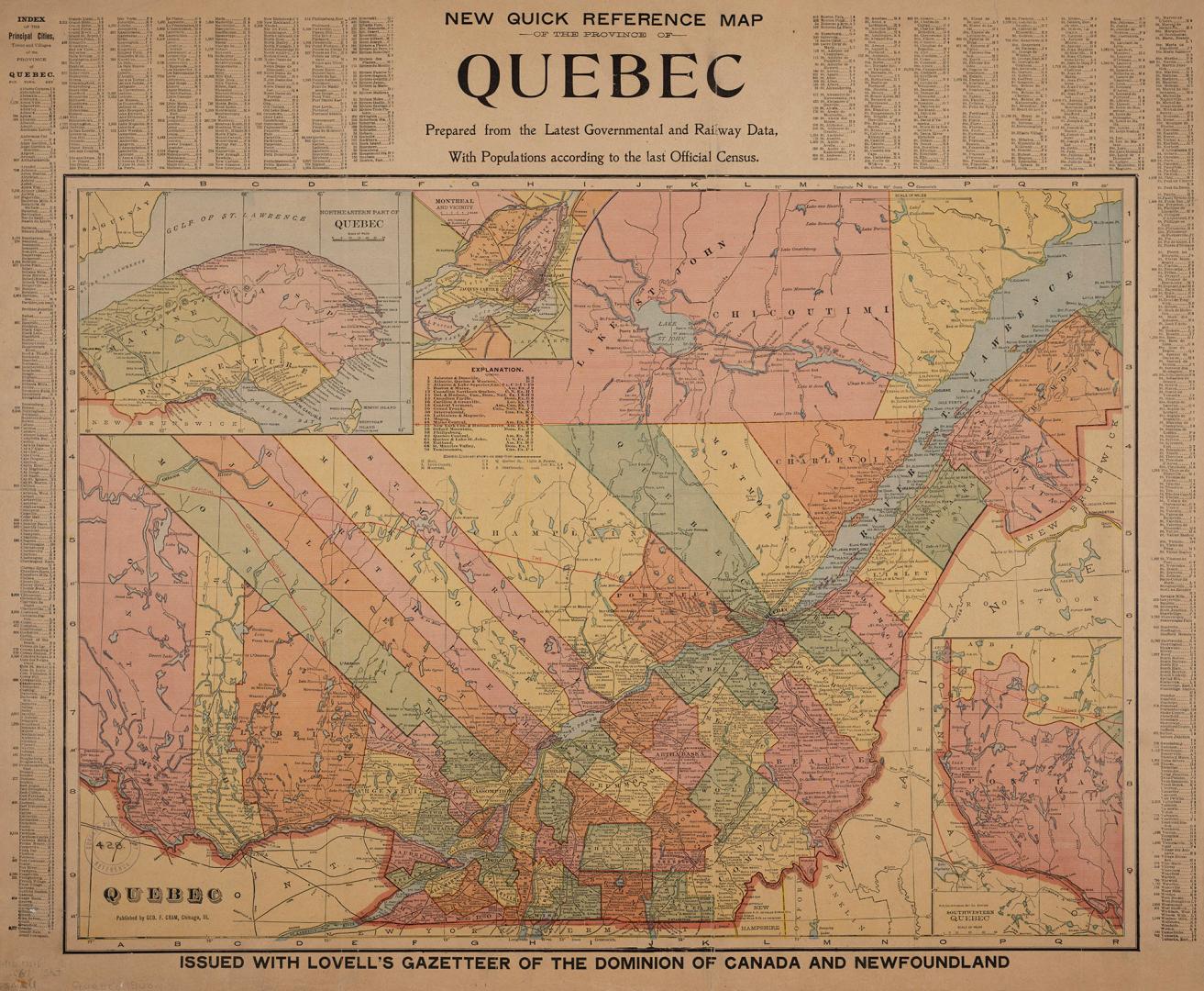 New quick reference map of the province of Québec prepared from the latest Governmental and railway data, with populations according to the last official census.