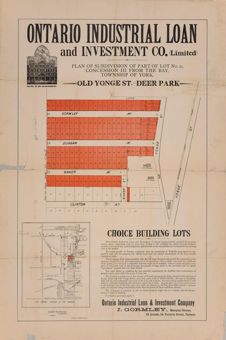 Plan of the subdivision of part of lot no. 21, concession III from the bay, township of York. - Old Yonge St. - Deer Park