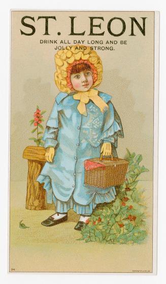 Illustration of a young girl in a blue dress and coat, with a yellow bonnet on her head. She is ...
