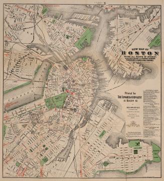 New map of Boston giving all points of interest; with every railway & steamboat terminus, prominent hotels, theatres & public buildings