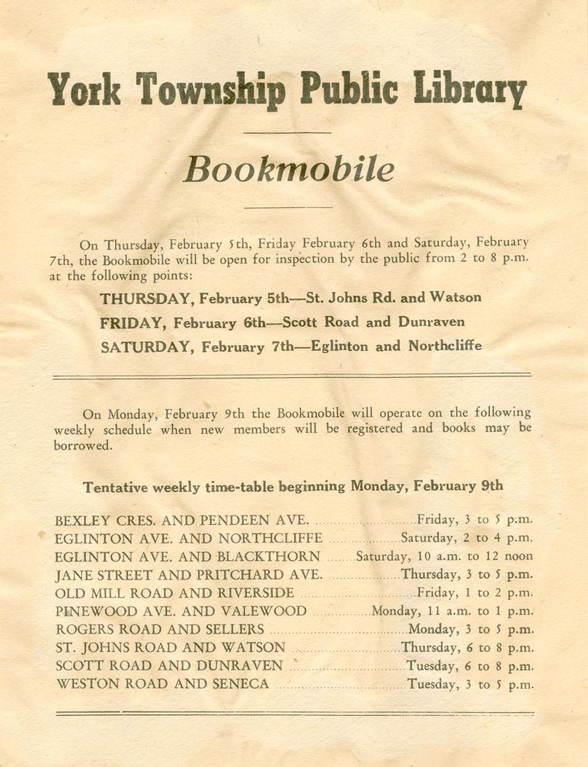 York Township Public Library bookmobile schedule