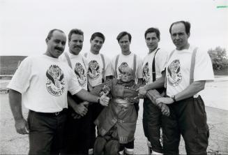 Firefighters Doug Comeau, Rob Wohlfeld, John Olejnik, Peter Reid, Dan Rowland, and Mark Evans. Brampton, Ontario