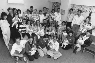 Families who had kids at the Peel Memorial birthing centre get together in the centre's largest birthing room. Peel Memorial Hospital, Brampton, Ontario