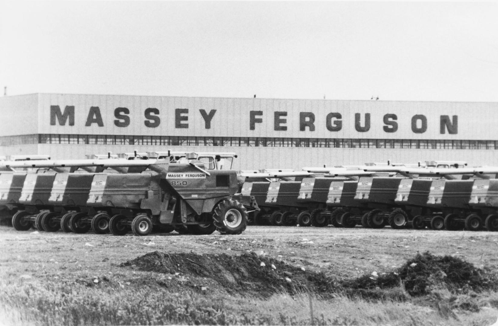 Unsold farm machinery stockpiled at the Massey Ferguson plant. Brantford, Ontario
