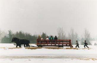 Scott Assinck and Jeff Hassard try to catch up to a horse-drawn wagon at Bruce's Mill Conservation Area, Ontario
