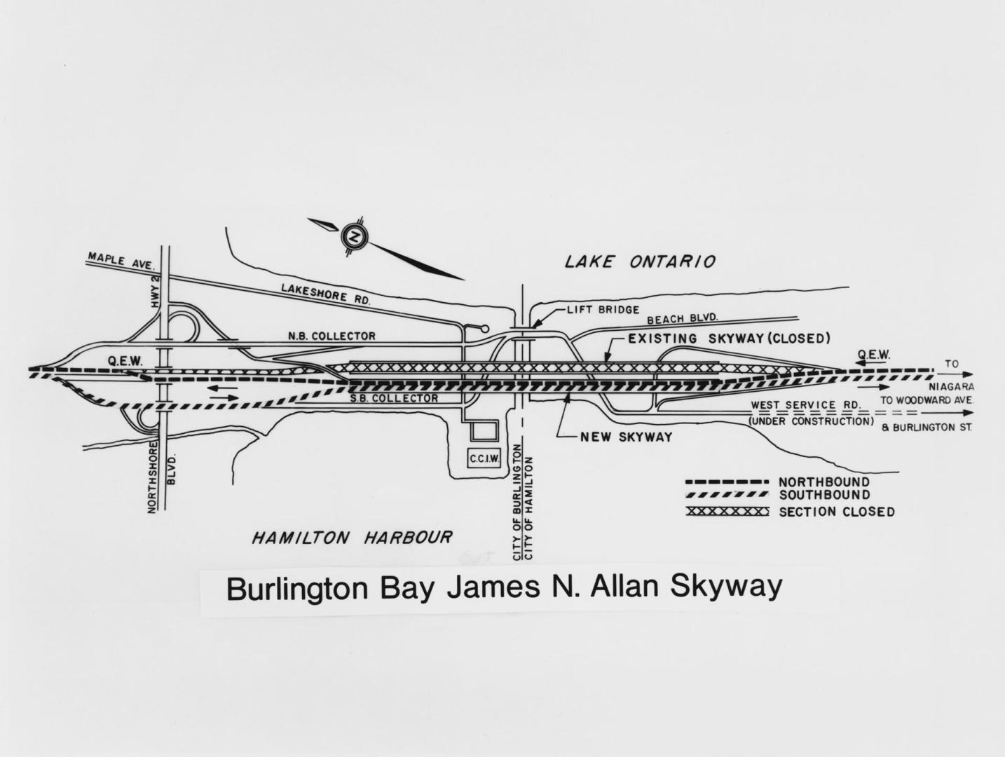 Map showing north and southbound traffic on the new skyway while the existing skyway is being restored. Burlington, Ontario