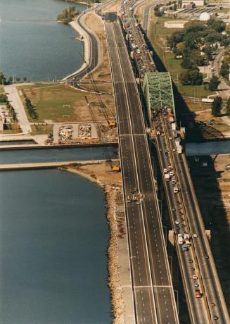 Aerial view of the new $85 million span of the Burlington Skyway. Burlington, Ontario