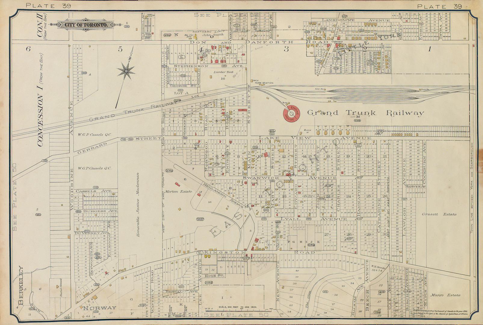 Atlas of the city of Toronto and vicinity from special survey founded on registered plans and showing all building and lot numbers.