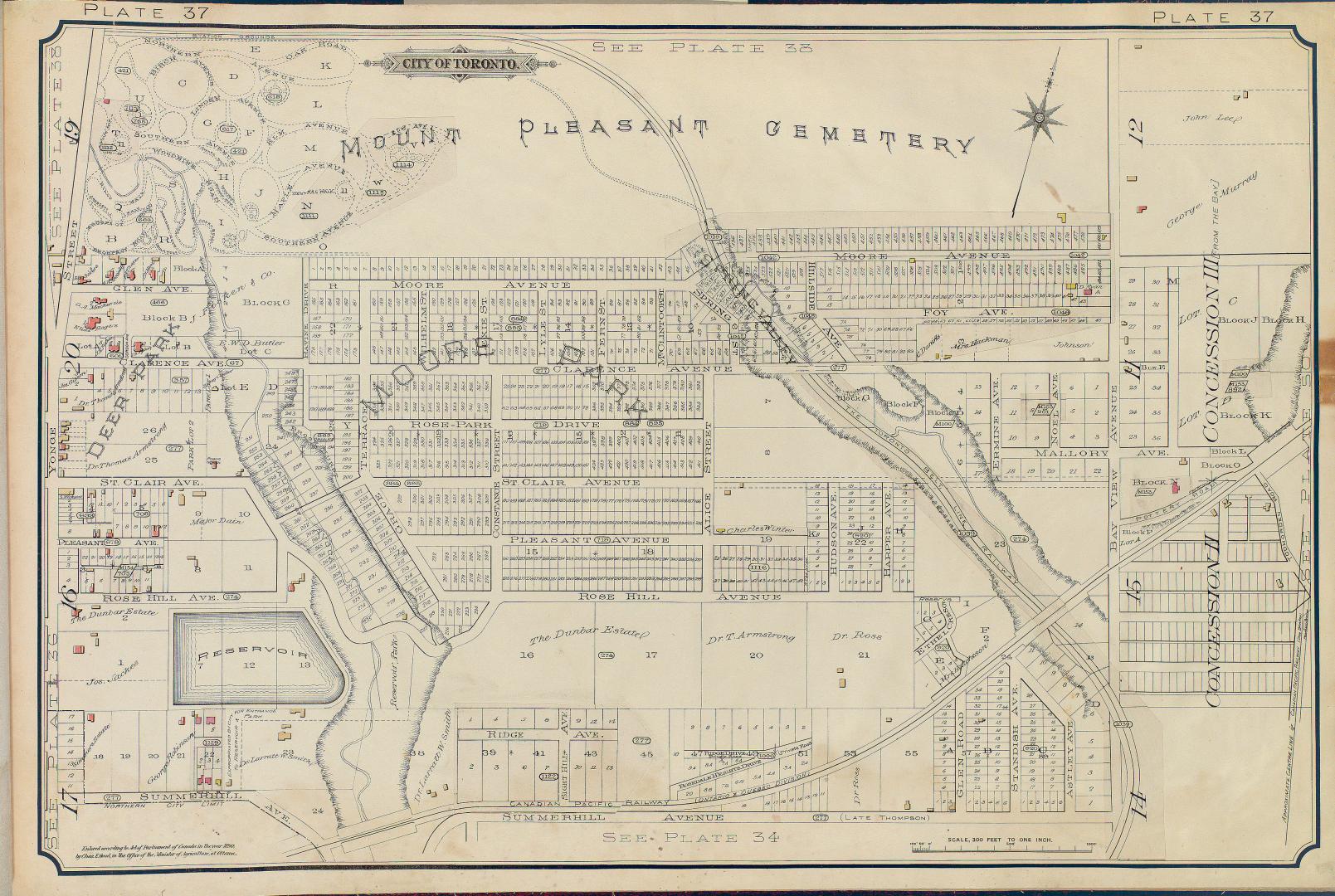 Image shows a detailed map of lots south and west of the Mount Pleasant Cemetery.