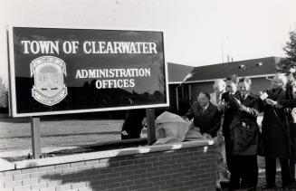 Clearwater reeve Ray Whitnall and deputy reeve Sam McCrea unveils new sign at municipal office. Town of Clearwater, Ontario
