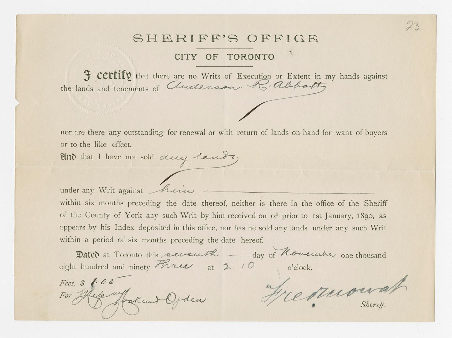 City of Toronto Sheriff’s Office – certification of no Writs of Execution or Extent against lands and tenements of Anderson Ruffin Abbott.