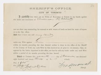 City of Toronto Sheriff’s Office – certification of no Writs of Execution or Extent against lands and tenements of Anderson Ruffin Abbott.