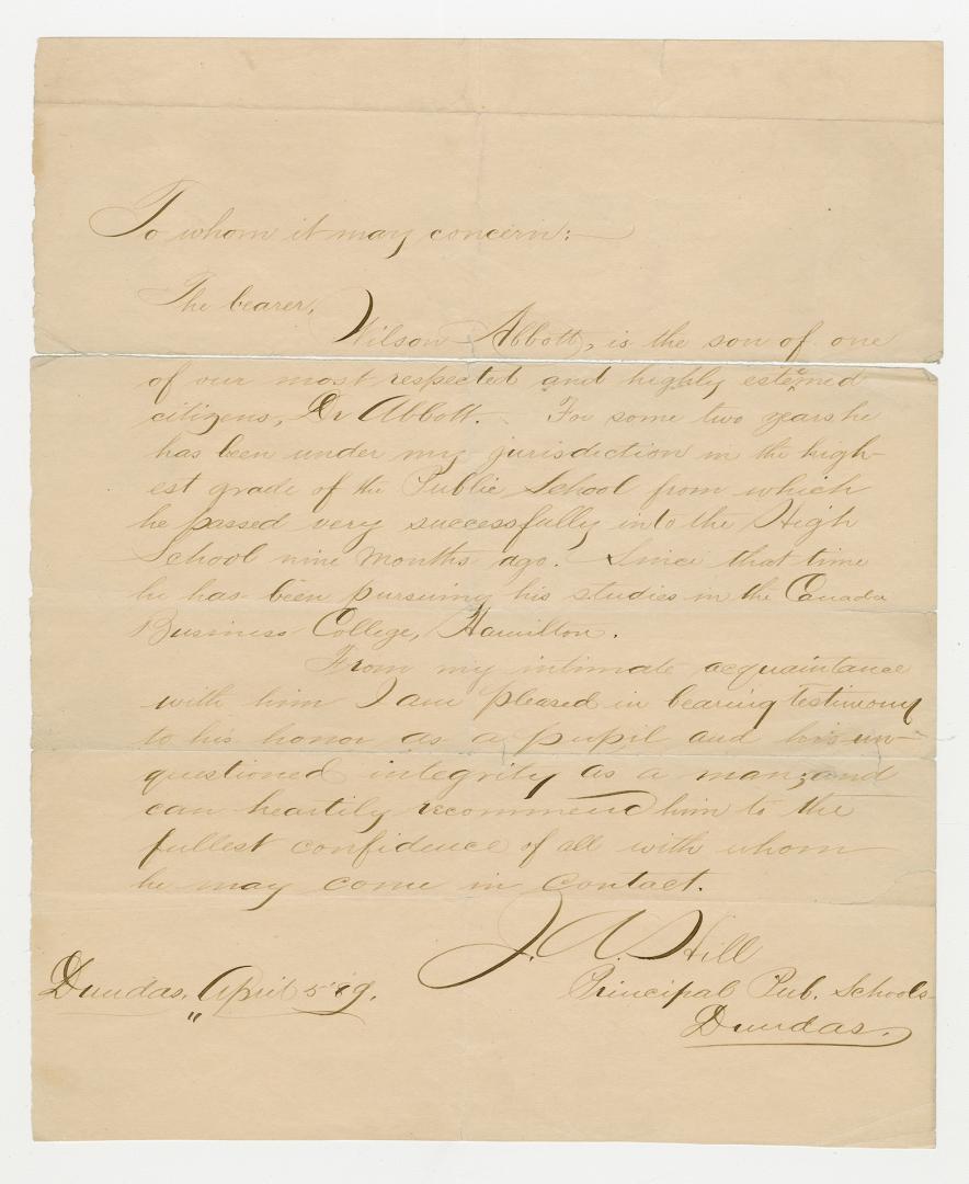 A character letter verifying that the bearer is Wilson Abbott, the son of Dr. Anderson Ruffin Abbott.