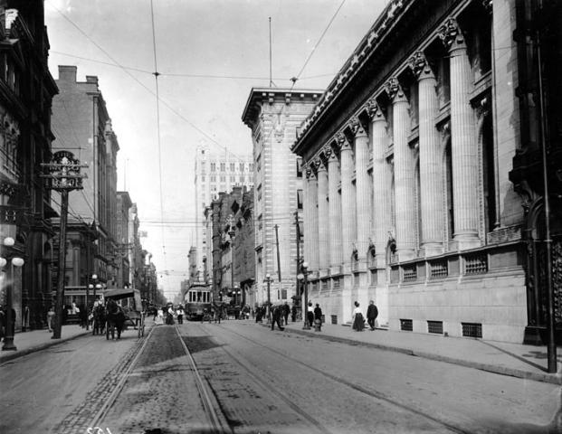 Looking east on King Street West from west of Bay Street, Bank of Toronto on right