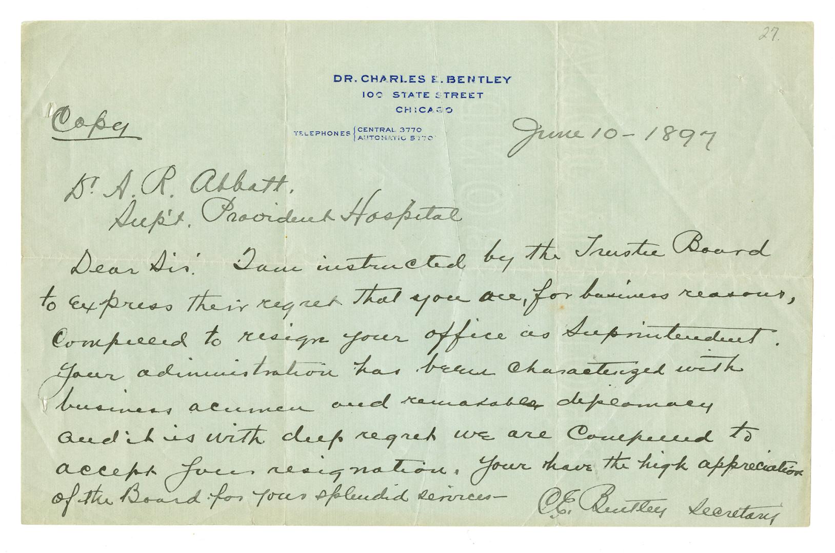 Letter to Anderson Abbott Ruffin accepting his resignation as Superintendent of Provident Hospital