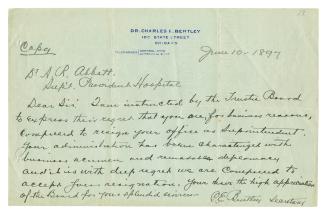 Letter to Anderson Abbott Ruffin accepting his resignation as Superintendent of Provident Hospital