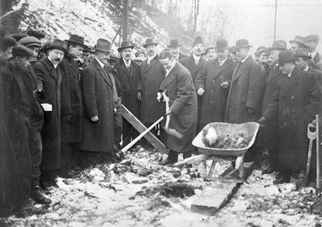 Bloor St. Viaduct (Don Valley), turning of first sod by Mayor T. L. Church. Toronto, Ontario