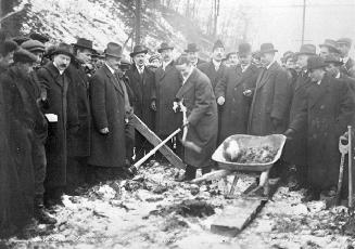 Bloor St. Viaduct (Don Valley), turning of first sod by Mayor T. L. Church. Toronto, Ontario