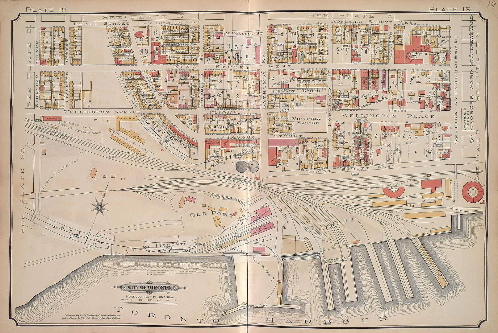 Atlas of the city of Toronto and vicinity from special survey founded on registered plans and showing all building and lot numbers.