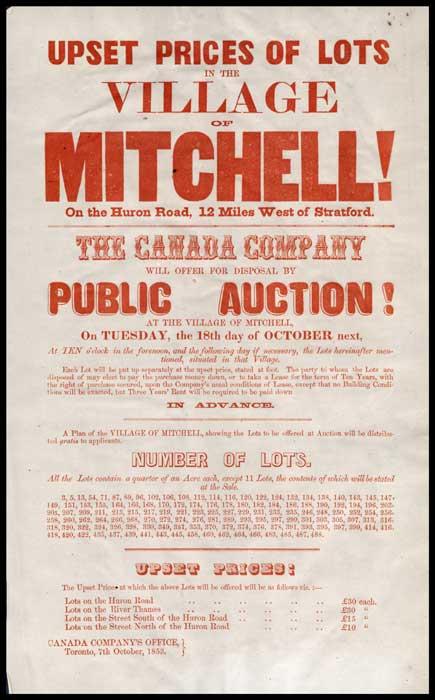 Canada Company poster advertising the auction of lots in the village of Mitchell