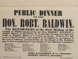 Public dinner to the Hon. Robt. Baldwin