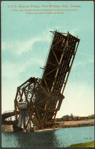 C.N.R. Bascule Bridge, Fort William, Ontario, Canada (The only double-decked bridge of its kind in the world. Takes 2400 tons weight to lift it.)