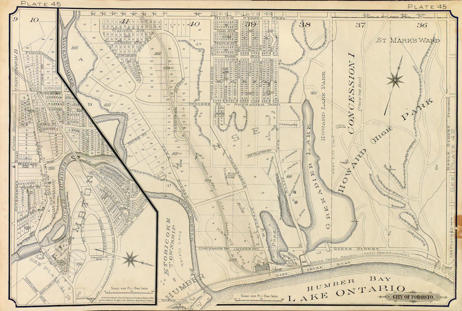 Atlas of the city of Toronto and vicinity from special survey founded on registered plans and showing all building and lot numbers.