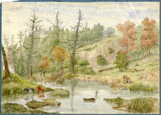 Painting shows a ravine with some trees around.