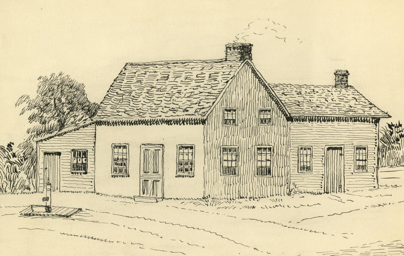 Drawing shows a two storey house with some trees on both sides.