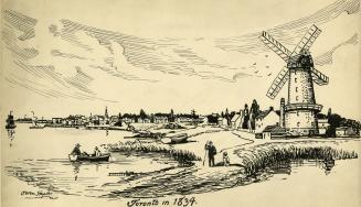 Drawing shows a mill and some waterfront houses. There are a few boats on the lake.