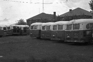 Hollinger Bus Lines, garage, Woodbine Avenue, southeast corner O'Connor Drive, looking southeast
