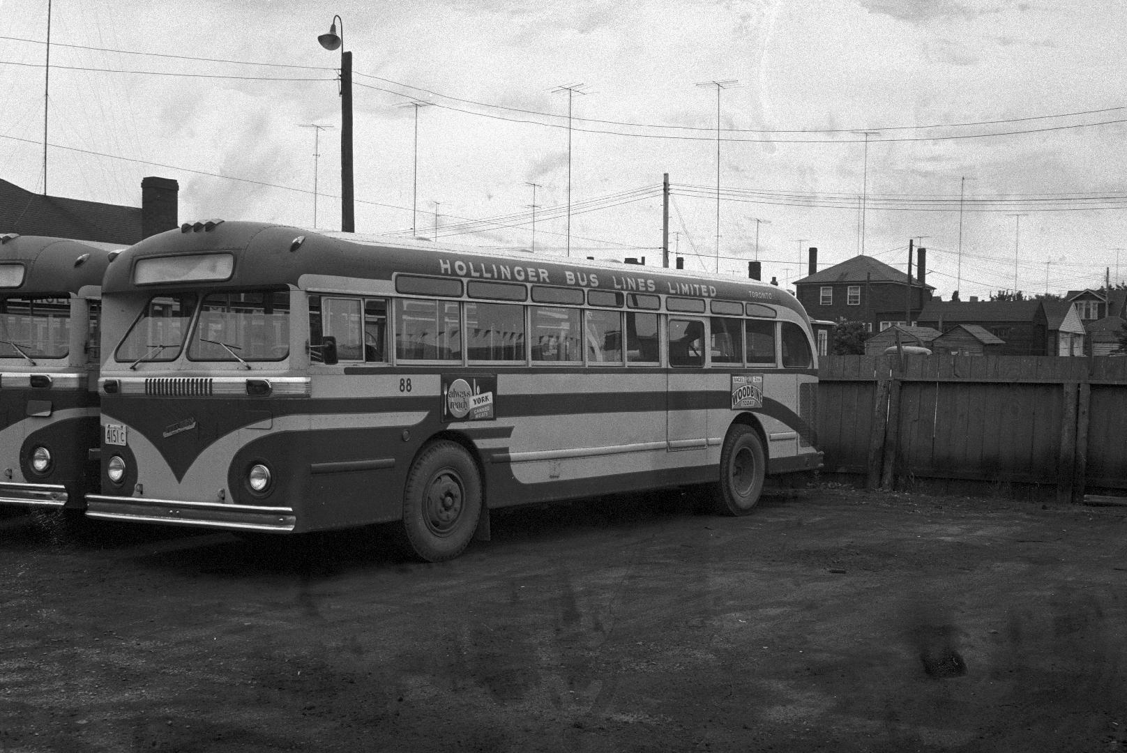 Hollinger Bus Lines, bus #88, at garage, Woodbine Avenue, southeast corner O'Connor Drive, looking south