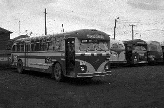 Hollinger Bus Lines, bus #80, at garage, Woodbine Avenue, southeast corner O'Connor Drive, looking southwest