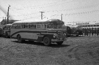 Hollinger Bus Lines, bus #48, at garage, Woodbine Avenue, southeast corner O'Connor Dr., looking southwest