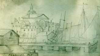 Drawing shows a wharf and some buildings by it.