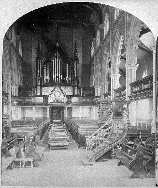 Historic photo from 1882 - Interior of St. James' Anglican Cathedral looking back towards the original gallery organ from 1853 in St. Lawrence